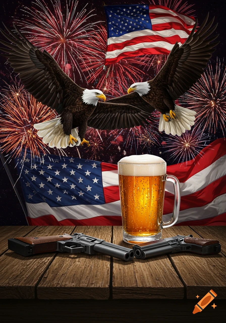 Two bald eagles fly in front of fireworks and an American flag, with a mug of beer and two handguns on a wooden table.