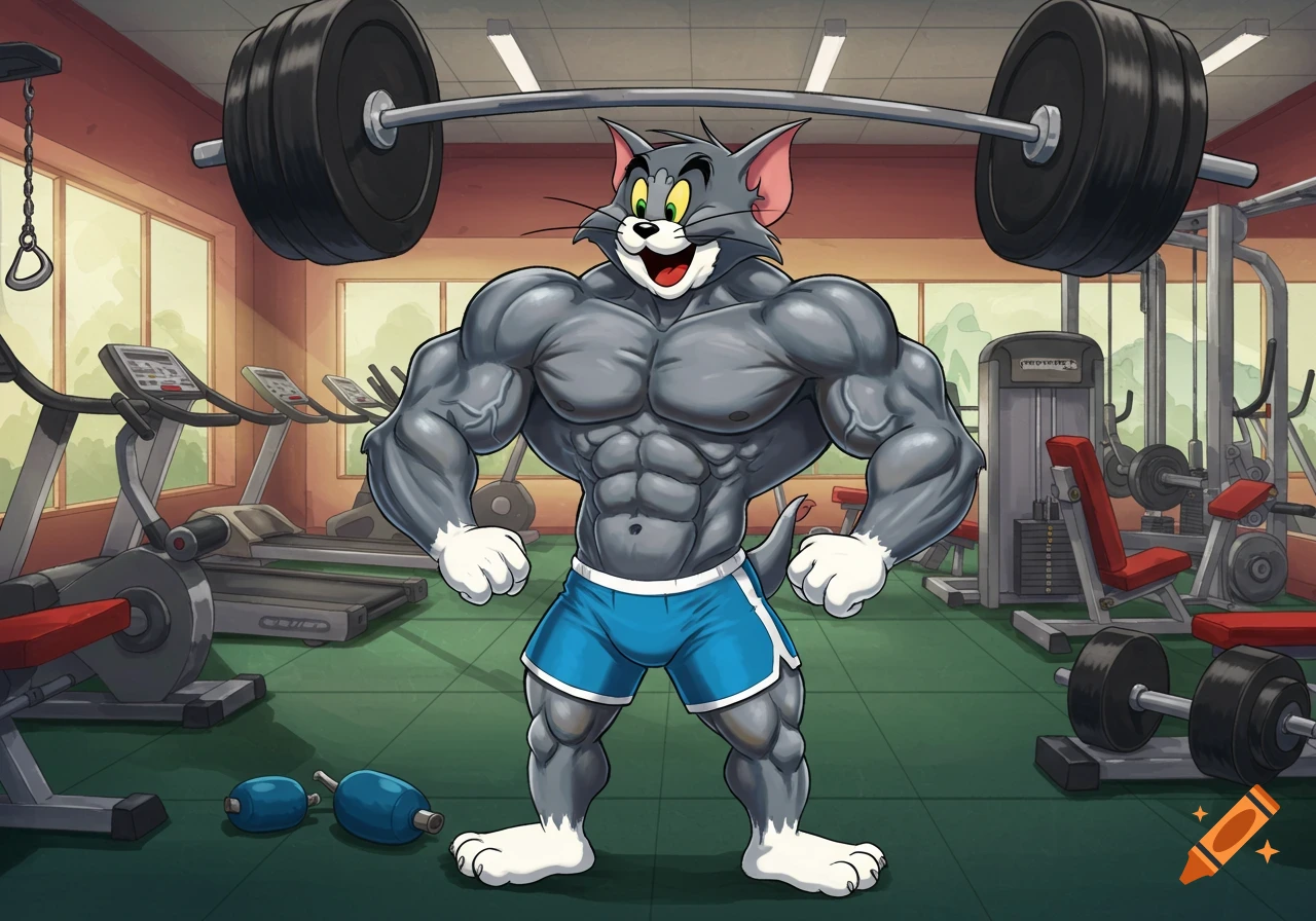 Muscular cartoon cat Tom from Tom & Jerry posing powerfully in a gym with barbells and exercise machines.