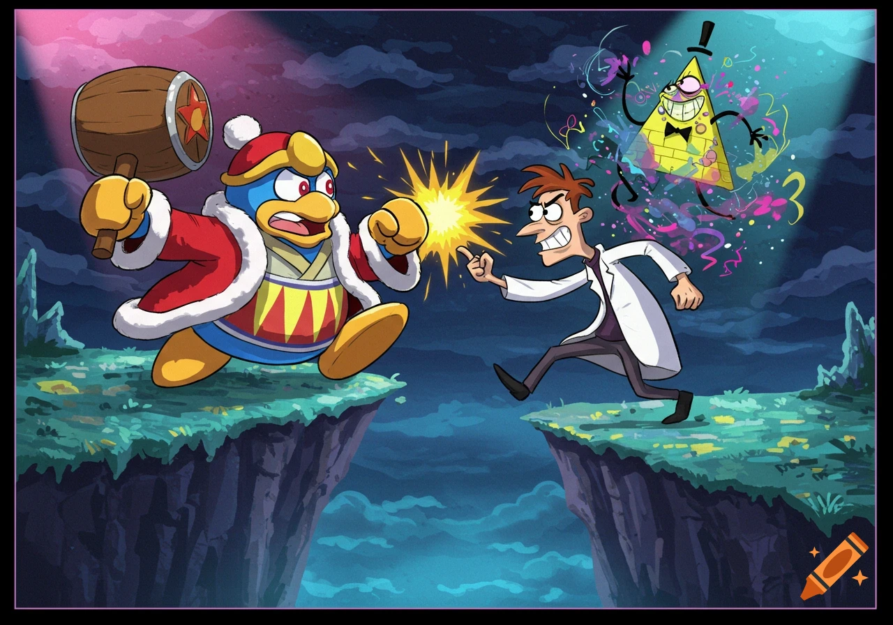 Cartoon of King Dedede and Dr. Doofenshmirtz confronting each other on cliffs, with Bill Cipher floating above.