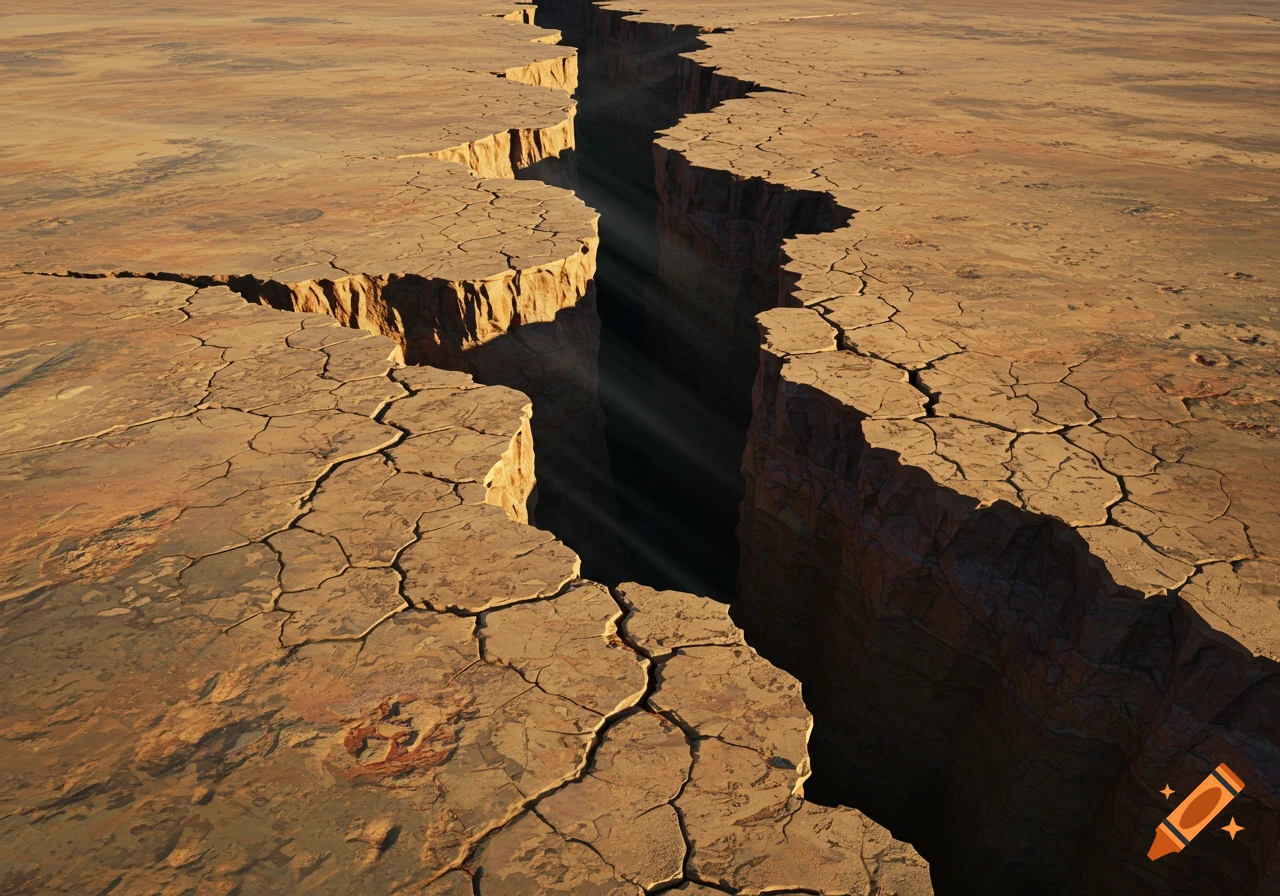 A deep, long fissure in dry, cracked desert earth, viewed from above, with light rays entering the dark chasm.