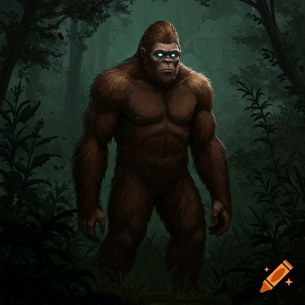 A brown, furry Bigfoot with glowing blue eyes stands in a dark, mysterious forest in an illustrative style.