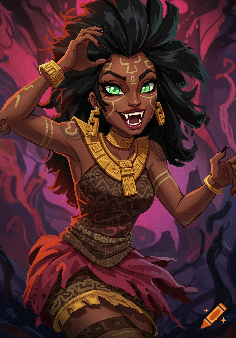 A stylized dark-skinned woman with black hair, green eyes, and fangs, wearing gold jewelry and patterned clothes, against a purple background.
