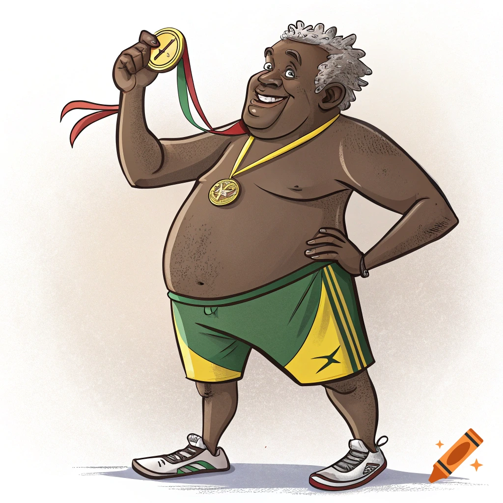 A proud, smiling, shirtless, fat middle-aged cartoon man in green and yellow shorts holds up a gold medal while wearing another.