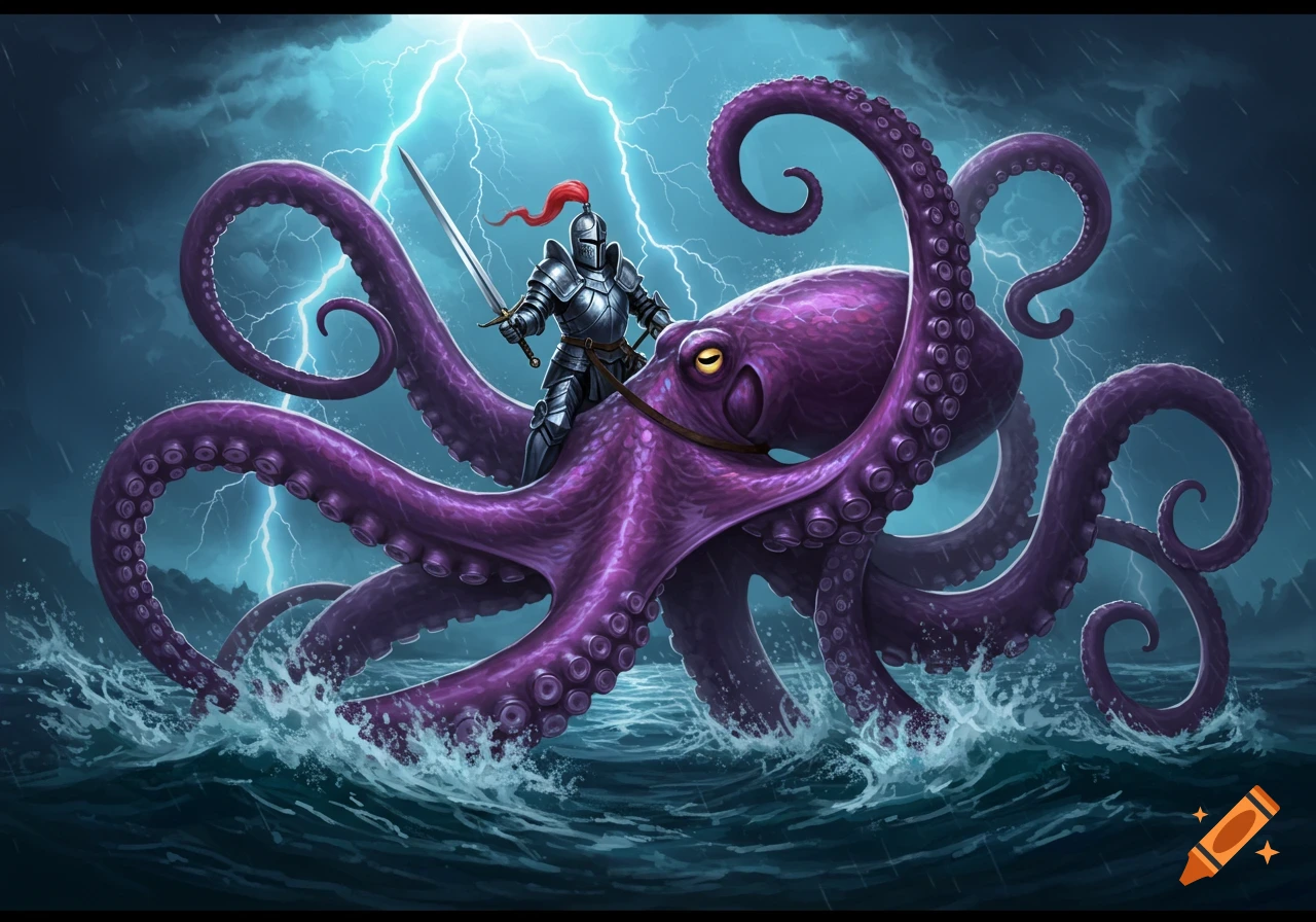 A knight in shining armor rides a large purple octopus across a stormy, lightning-filled sea.