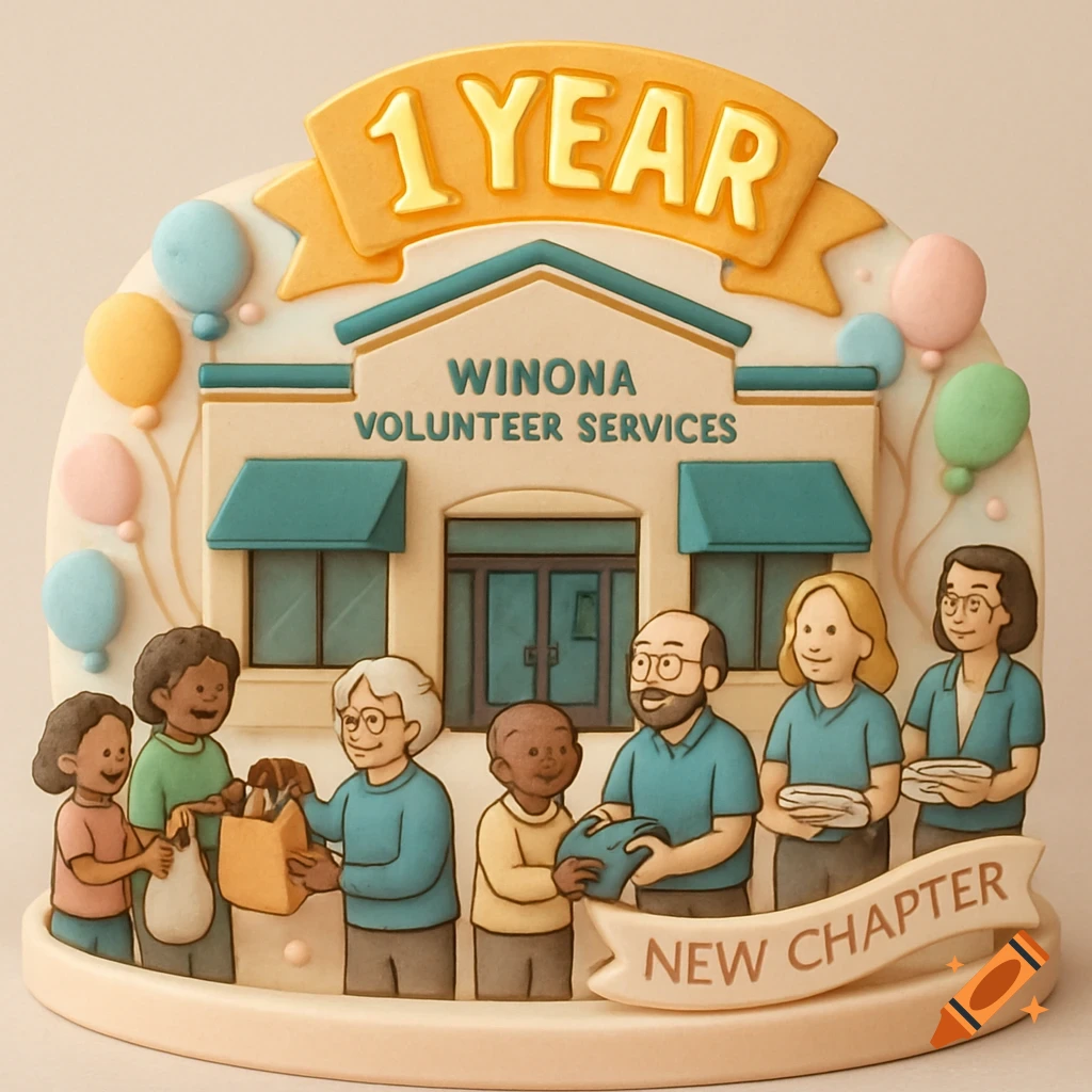 A 3D sculpted illustration of a cake topper for Winona Volunteer Services' 1st anniversary, with diverse volunteers.