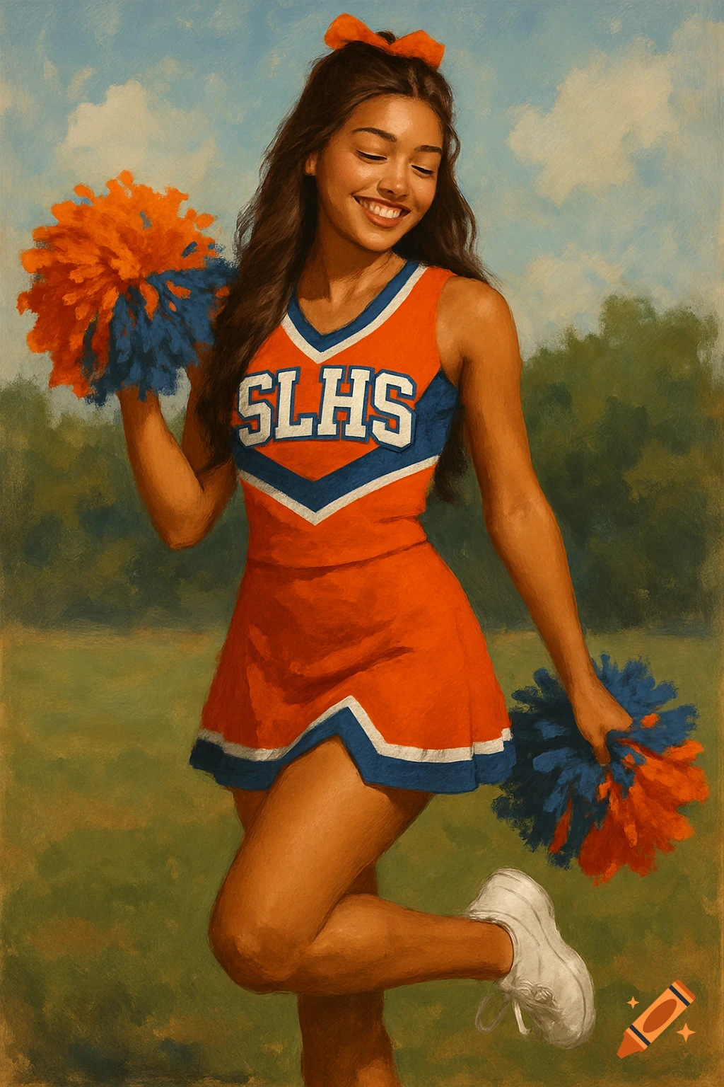 A smiling cheerleader in an orange and blue uniform holding pom-poms, painted in an impressionistic style.