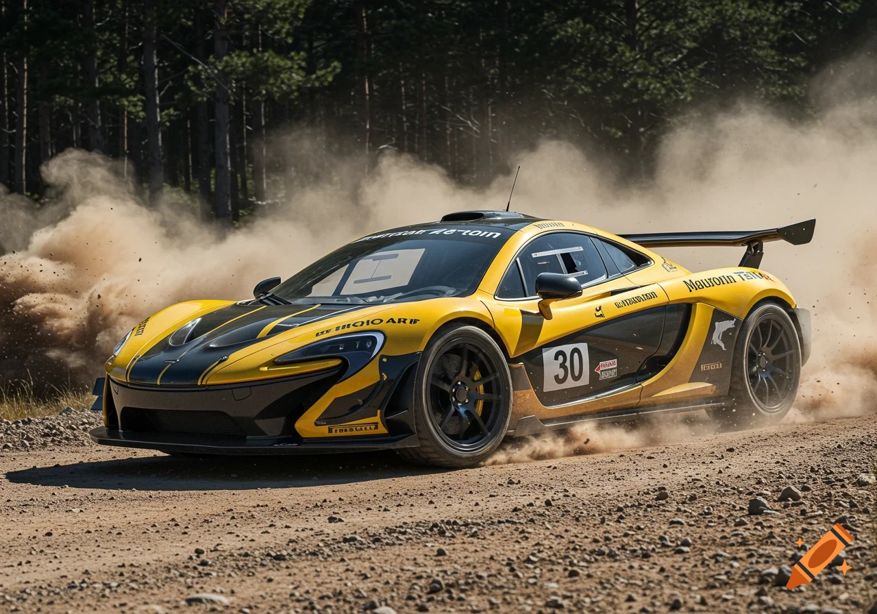 A yellow and black McLaren P1 rally car races on a dirt track, kicking up dust in a forest setting.