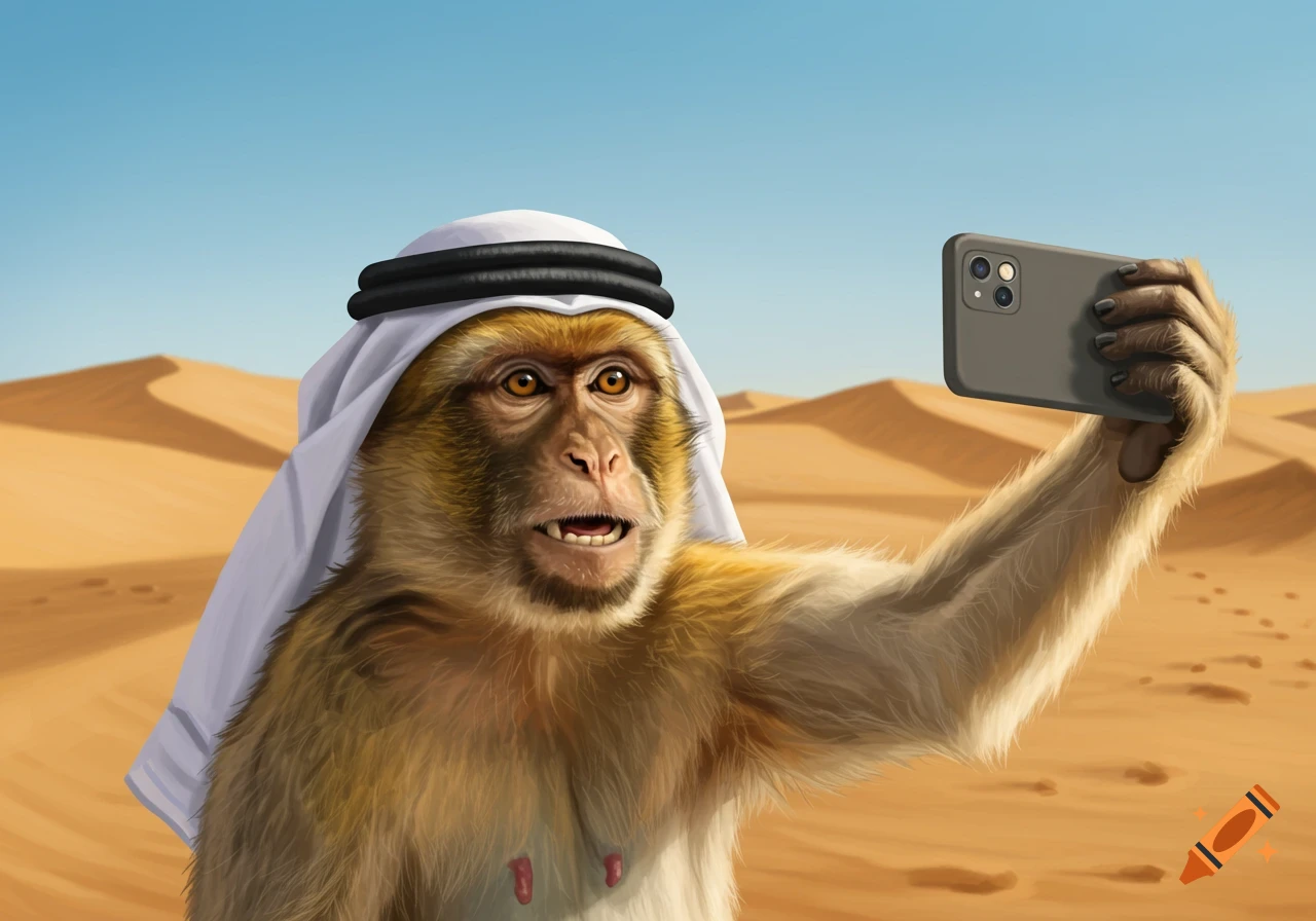 A realistic monkey wearing a white ghutra takes a selfie with a smartphone in a sandy desert with dunes under a clear blue sky.