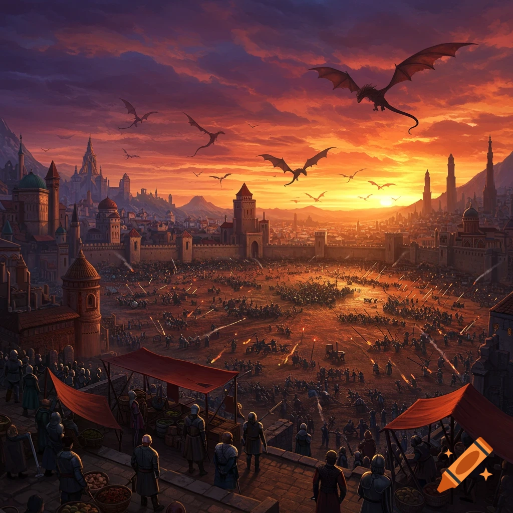 An epic fantasy battle unfolds in a sprawling city at sunset, with dragons soaring above the fighting forces below.