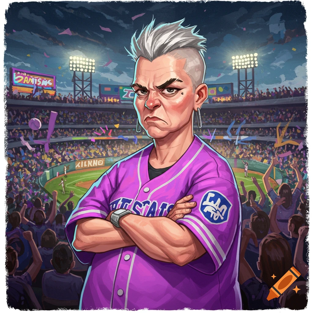 A grumpy woman with a mohawk and ear piercings stands with crossed arms in a purple baseball jersey at a crowded stadium.