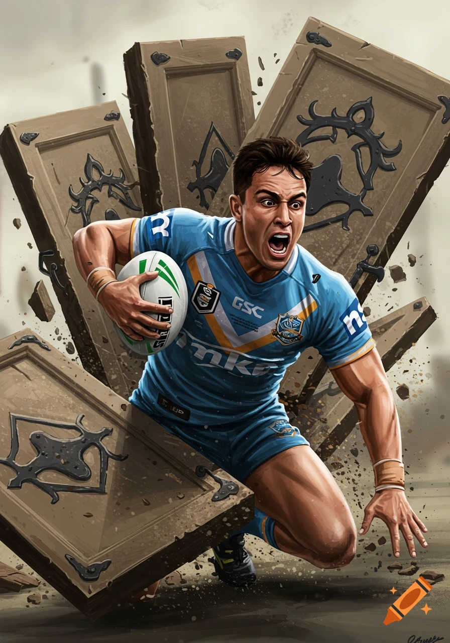 An illustrated rugby player in a light blue and gold jersey runs forward with a ball, breaking through large stone slabs.