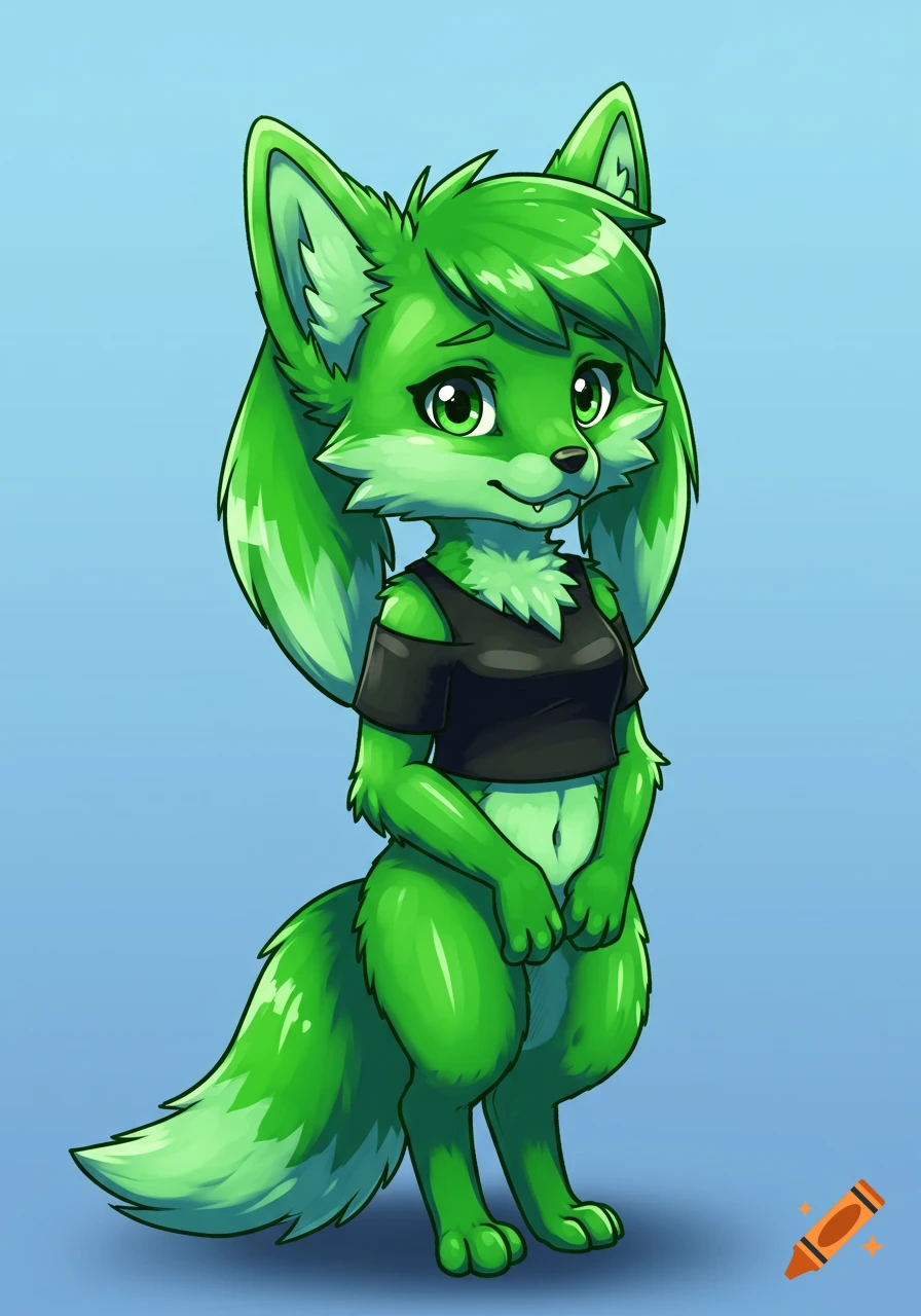 A cute, shy-looking green anthro fox character wearing a black crop top, rendered in a cartoon style against a blue background.