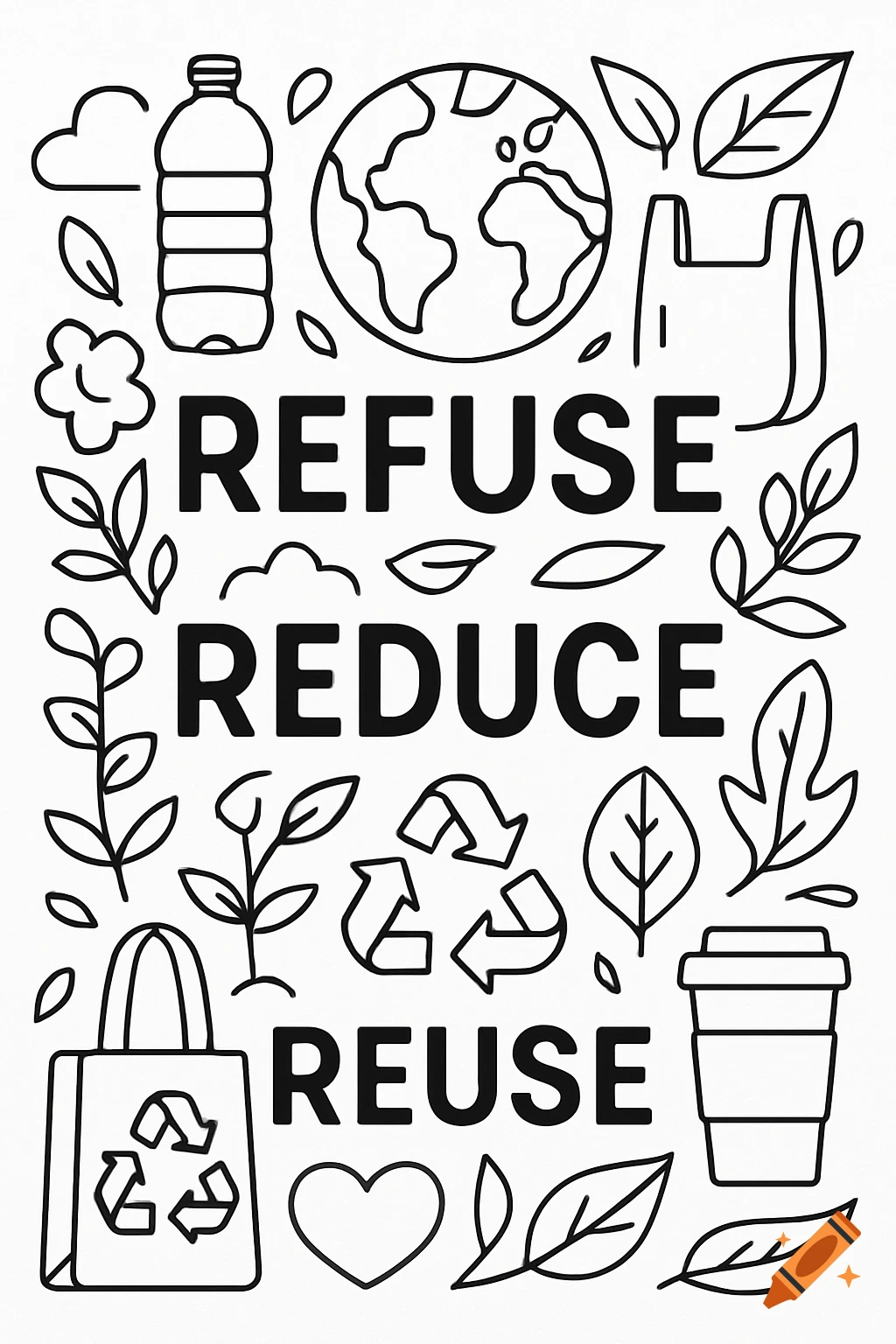 Black and white line art coloring page with environmental symbols like a globe, leaves, and bottles, surrounding the words REFUSE REDUCE REUSE.