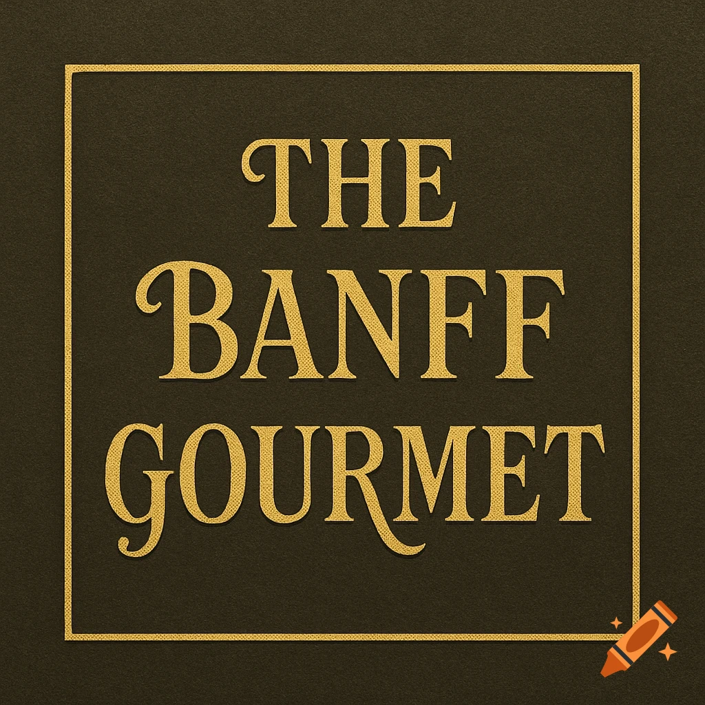 A gold logo for 'The Banff Gourmet' in a scroll font, within a gold square border on a dark brown background.