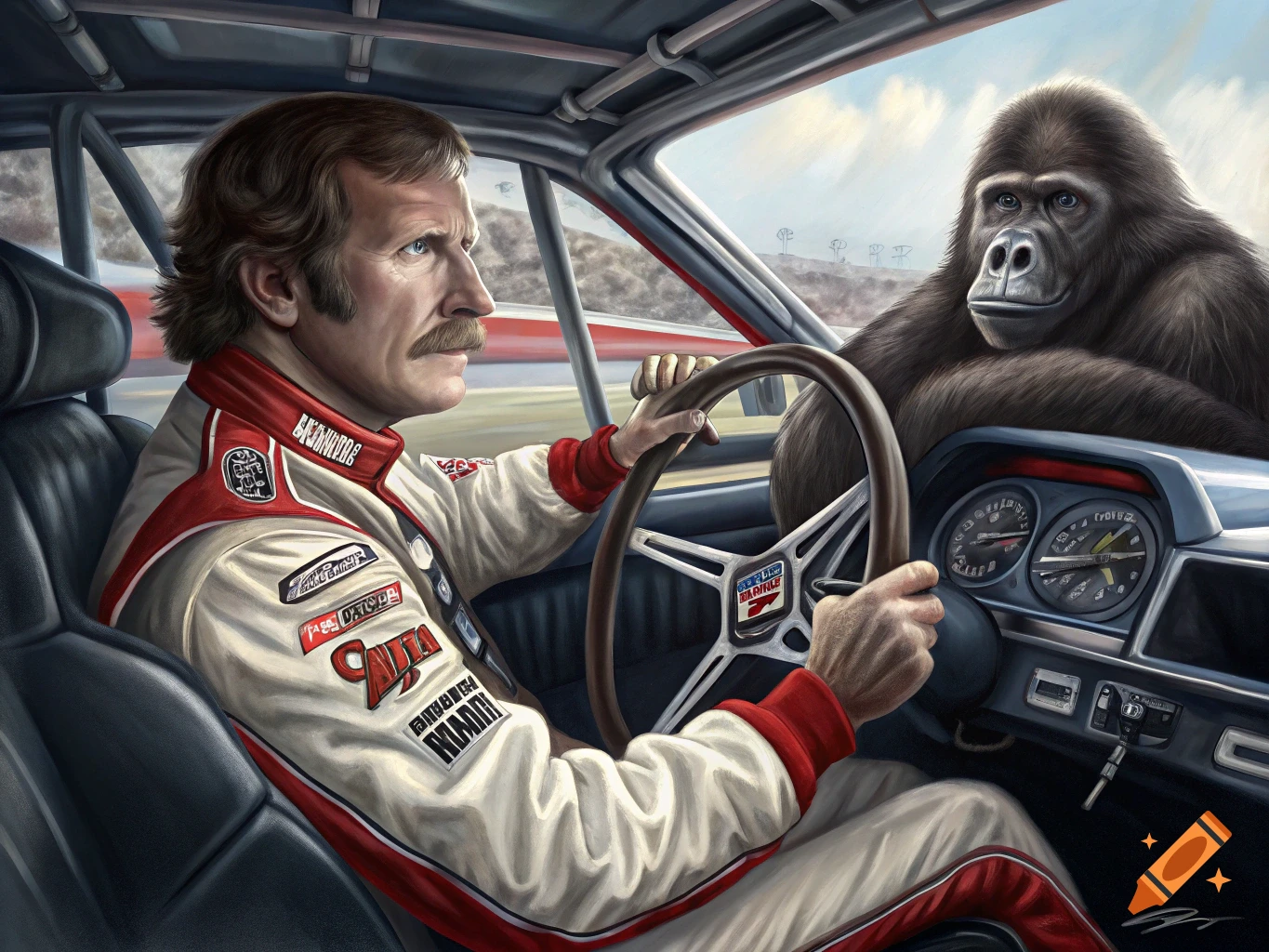 A man resembling Dale Earnhardt drives a race car, looking left, with a gorilla sitting in the passenger seat. The scene is brightly lit, with a racetrack and sky in the background, in a realistic painted style.