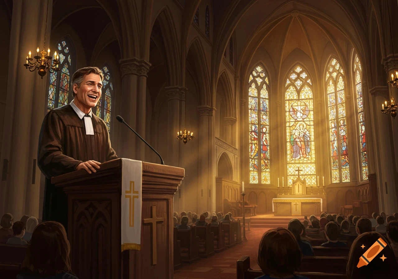 A smiling pastor preaches from a podium in a grand church, bathed in golden light from stained glass windows, with a congregation in pews.