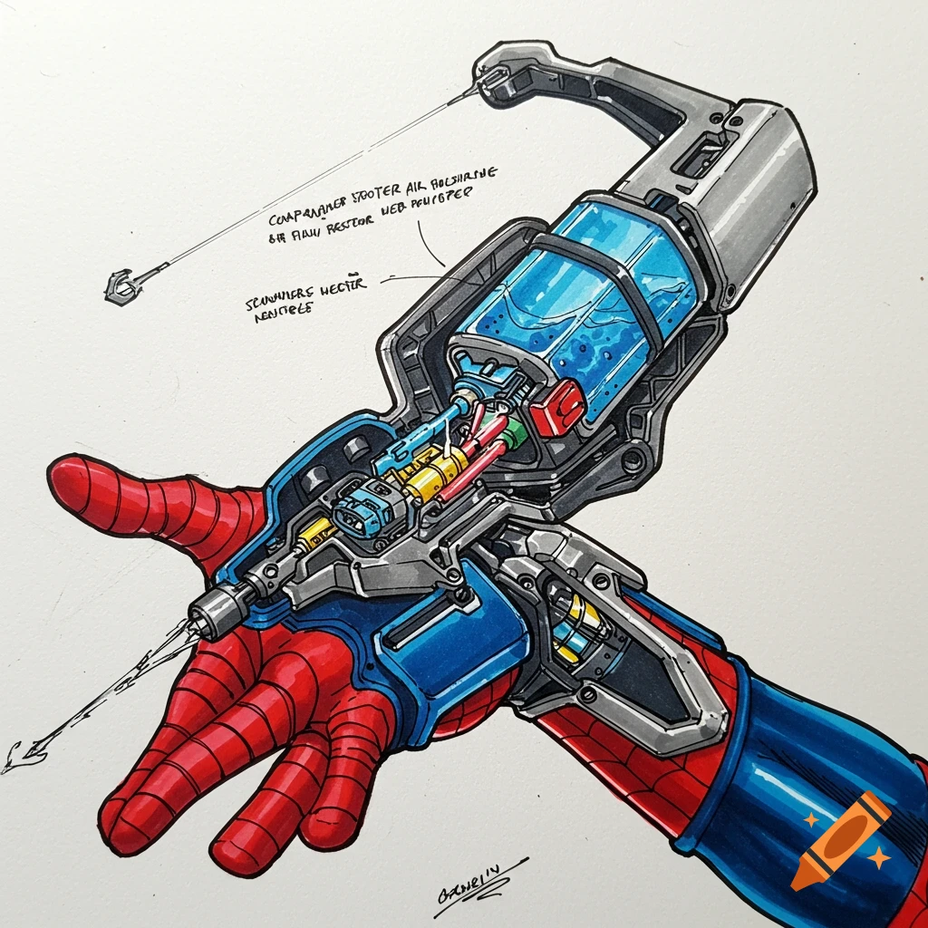 Detailed drawing of a Spider-Man web-shooter attached to a hand in a red and blue suit, with internal mechanisms exposed.
