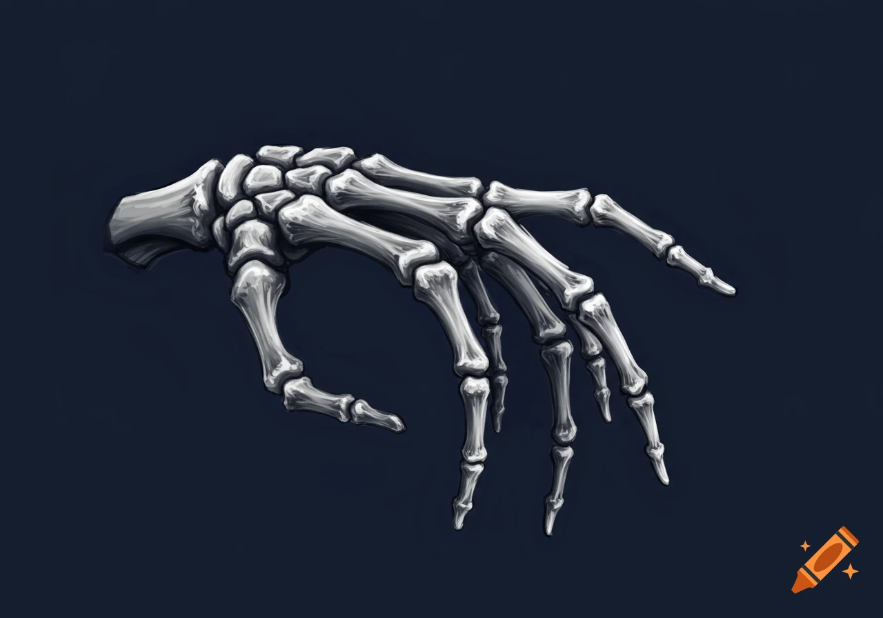 A detailed illustration of a skeleton hand with bones clearly visible against a dark blue background.