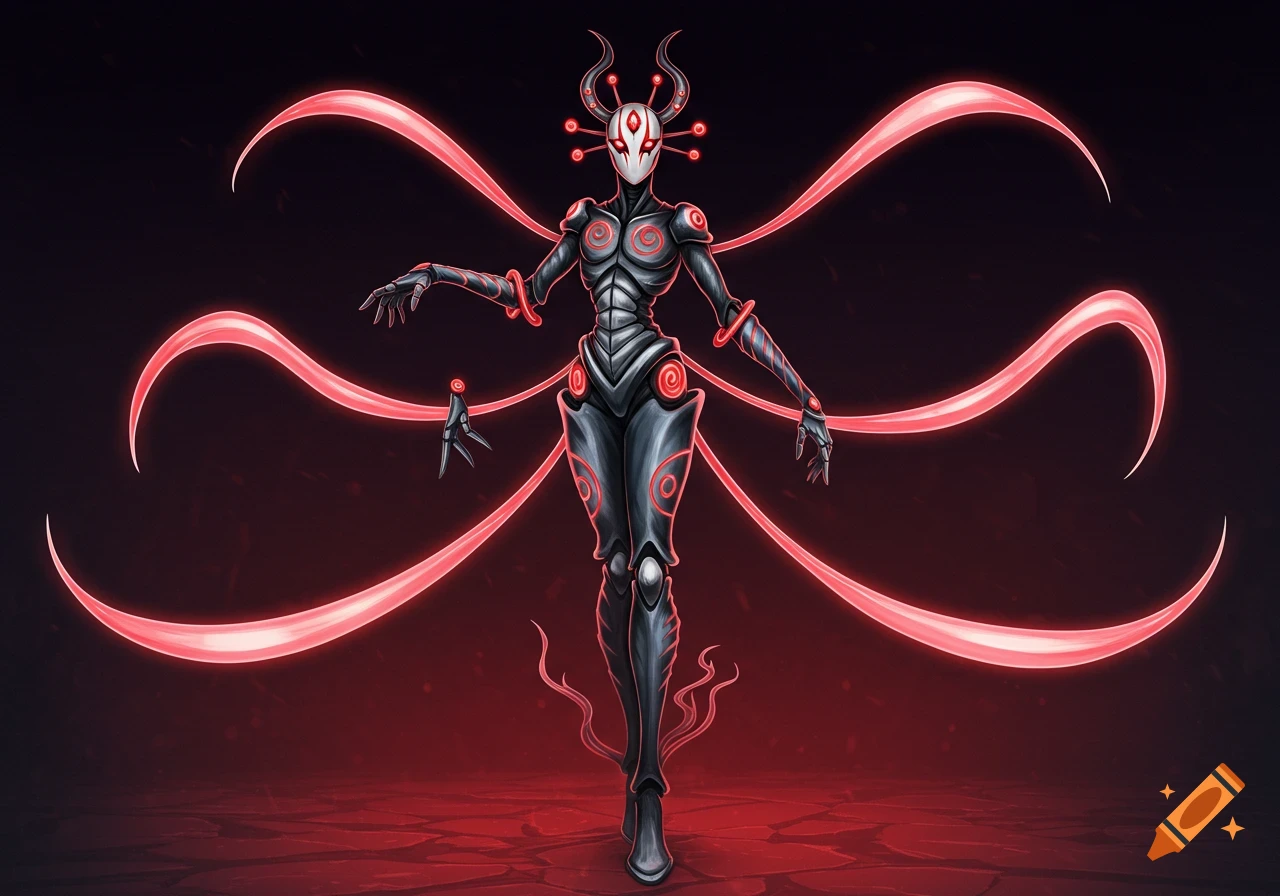 A slender, dark armored humanoid figure with a white mask, red horns, and glowing red details. Six glowing red energy ribbons extend from its back in a dark setting.