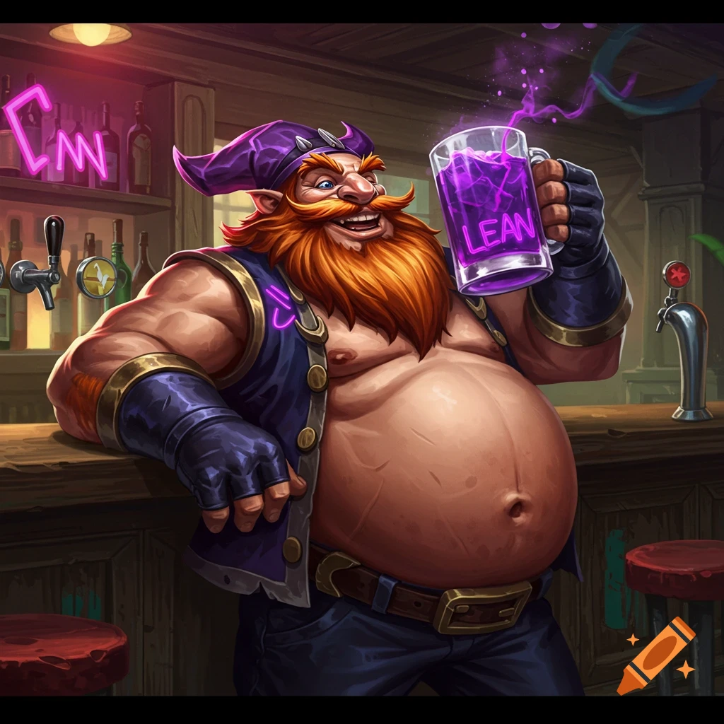 A large, red-bearded fantasy character with a purple hat and vest, leaning on a bar and holding a mug of purple liquid labeled "LEAN" in a cartoonish art style.
