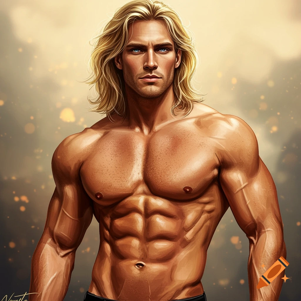 A finely detailed digital painting of a muscular man with long blond hair and blue eyes, standing with a determined expression.