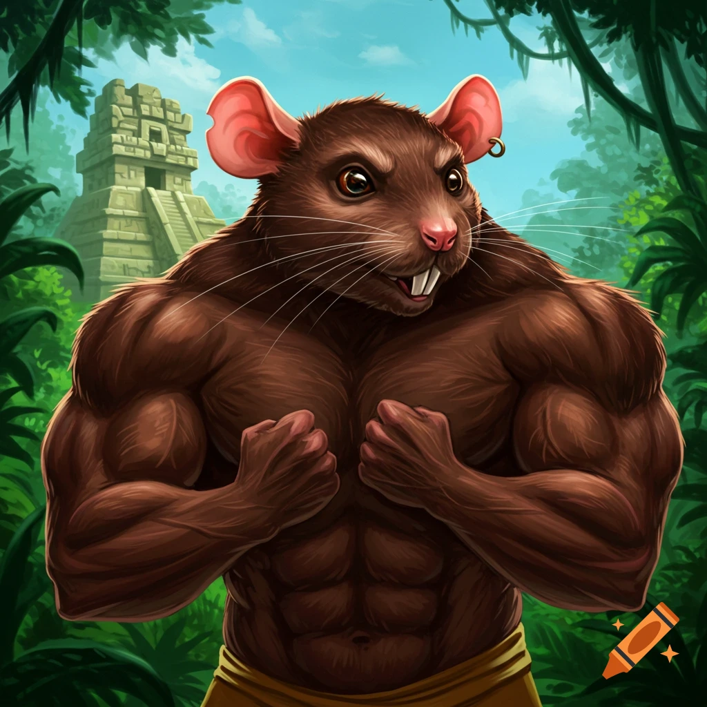 A muscular, brown anthropomorphic rat flexing its biceps in a jungle setting with an ancient temple in the background.