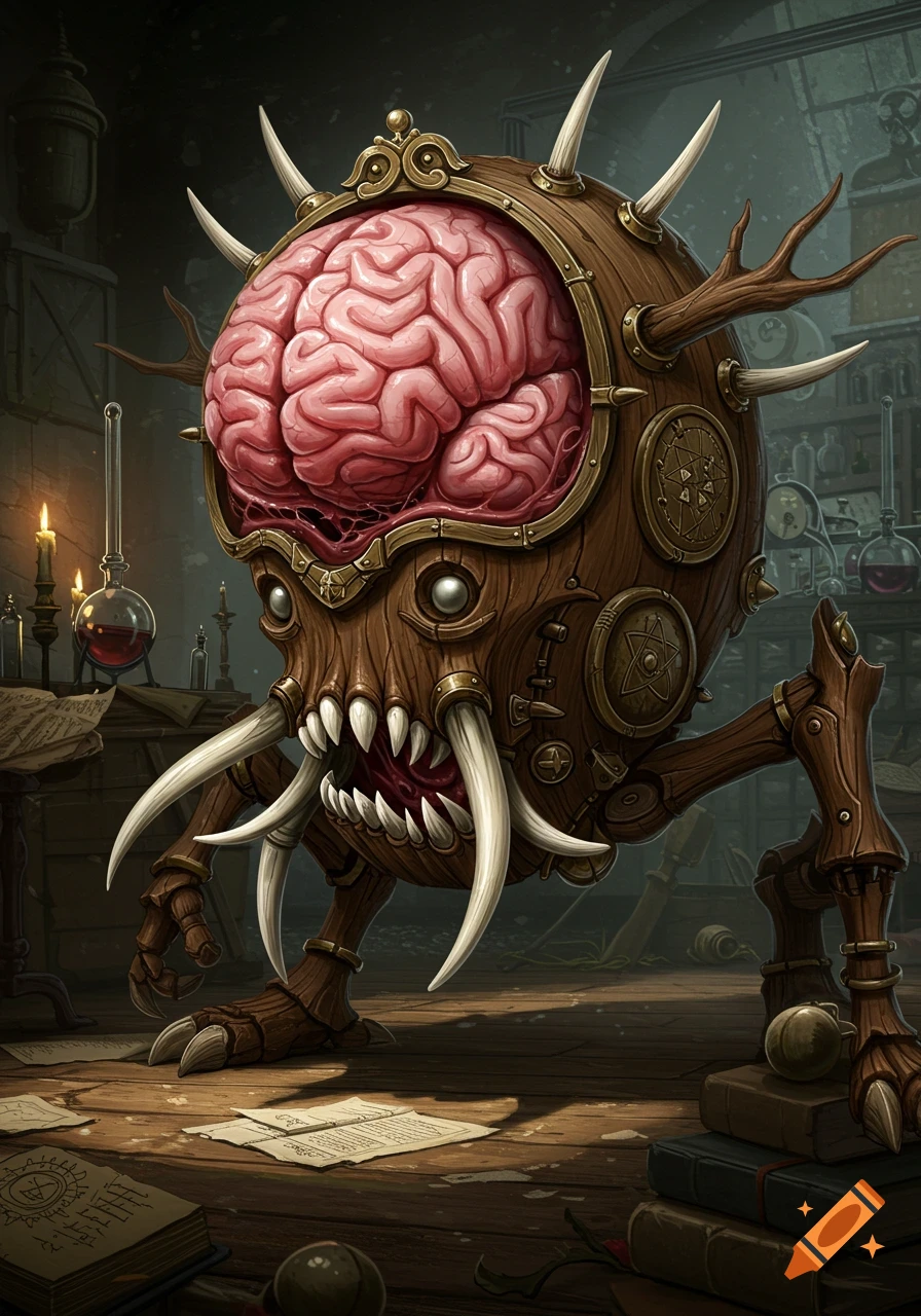 A detailed dark fantasy painting of a Victorian-era brain monster made of wood and metal, with tusks, teeth, and glowing eyes, in a cluttered laboratory.