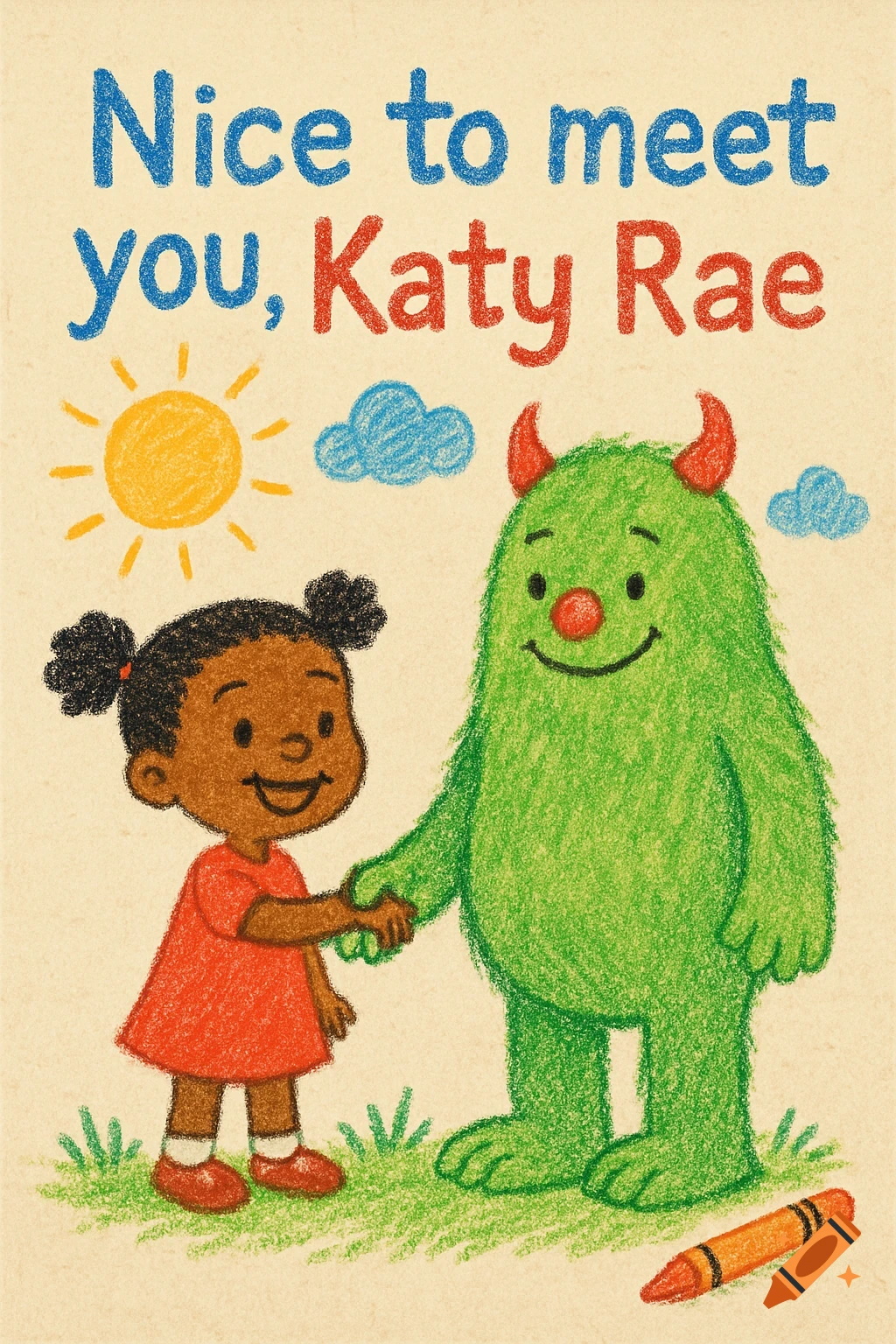 Crayon-style illustration of a smiling Black girl shaking hands with a friendly green monster, with text 'Nice to meet you, Katy Rae' at the top.