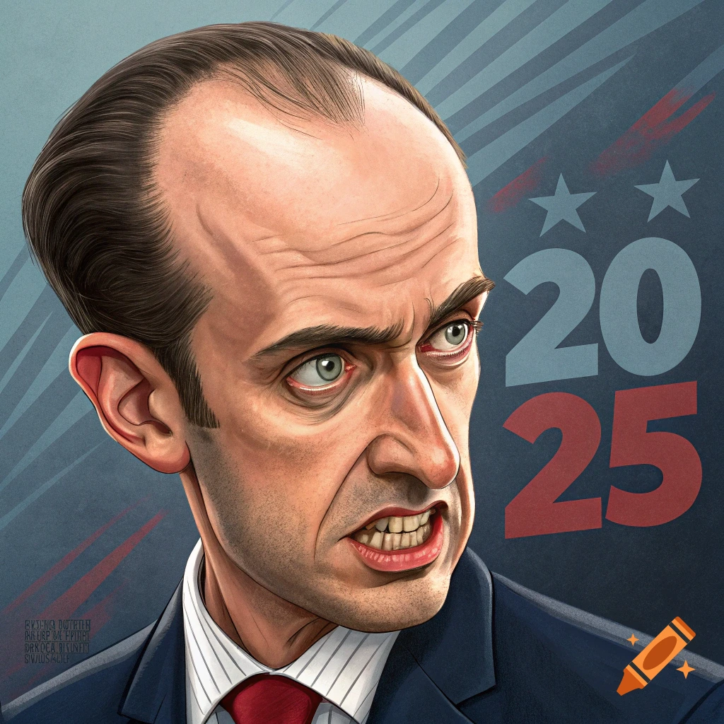 Caricature illustration of an angry Stephen Miller with a large forehead, featuring '2025' and stars in the background.