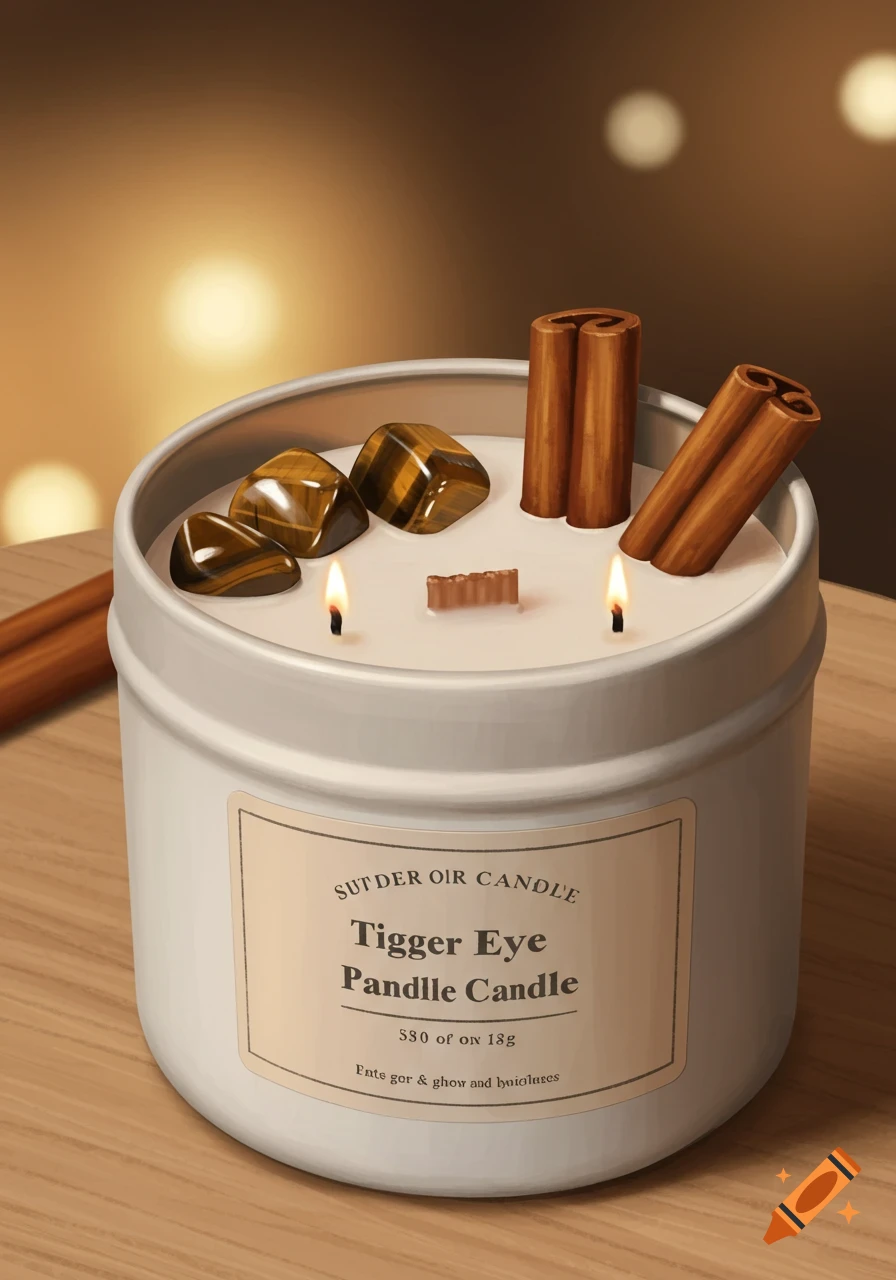 A white candle in a tin jar with tiger eye stones, cinnamon sticks, and two lit wicks, on a wooden surface with a warm, blurry background.