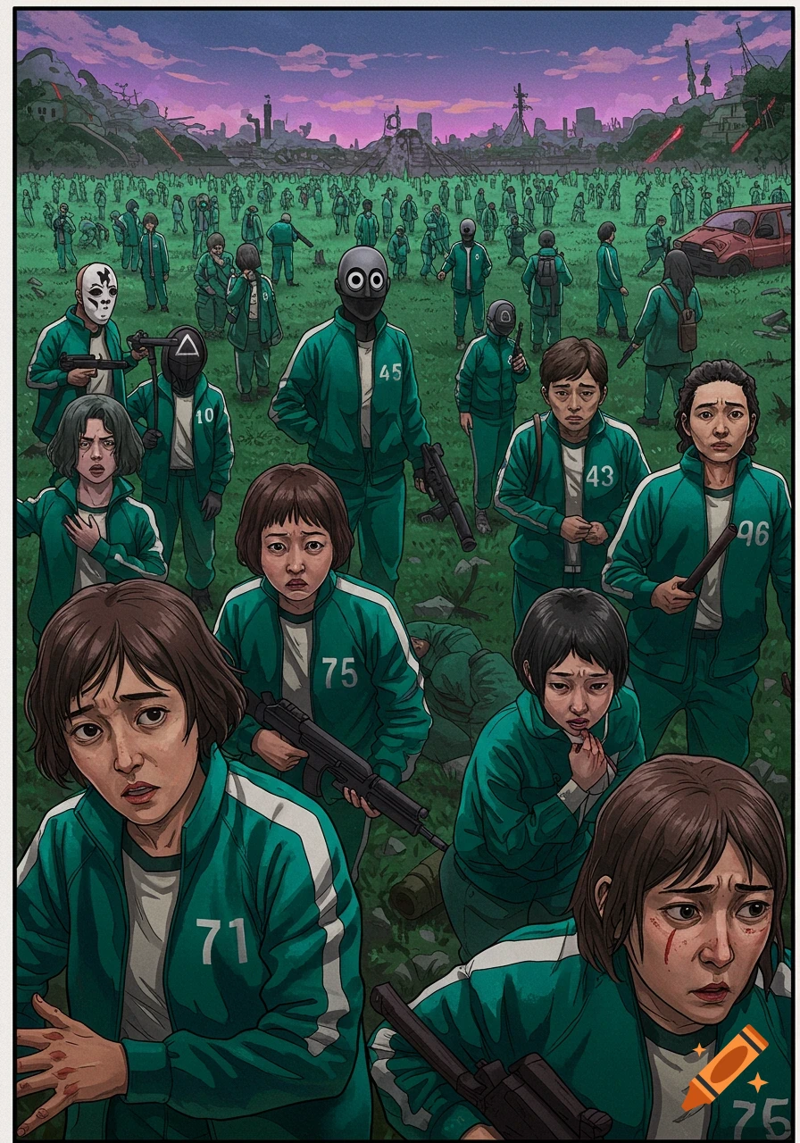 A large group of distressed people in green tracksuits with numbers, some armed, in a desolate field with a ruined city background, in a comic book style.