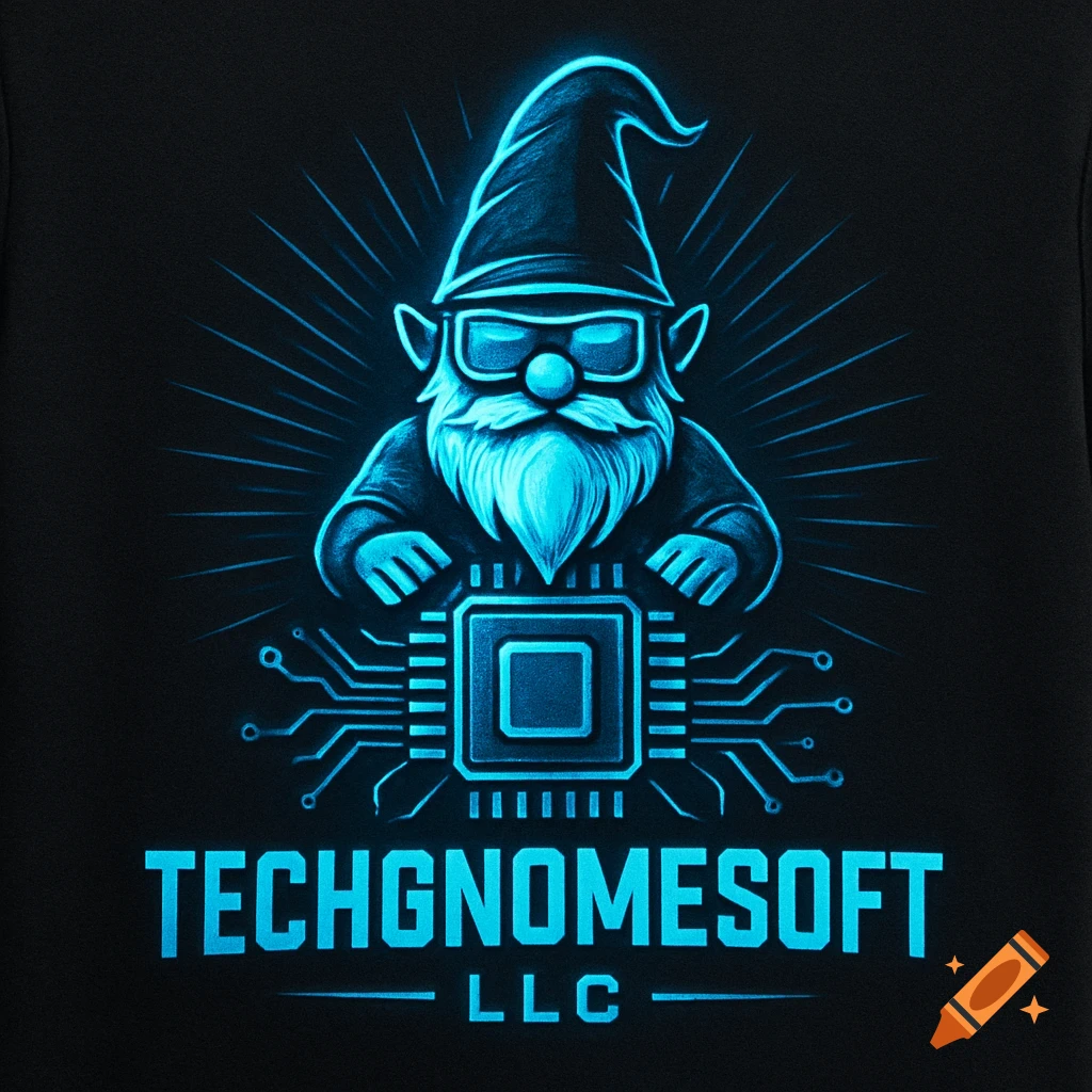 A glowing blue futuristic logo featuring a gnome with sunglasses and a beard, holding a microchip, with 'TECHGNOMESOFT LLC' text below.