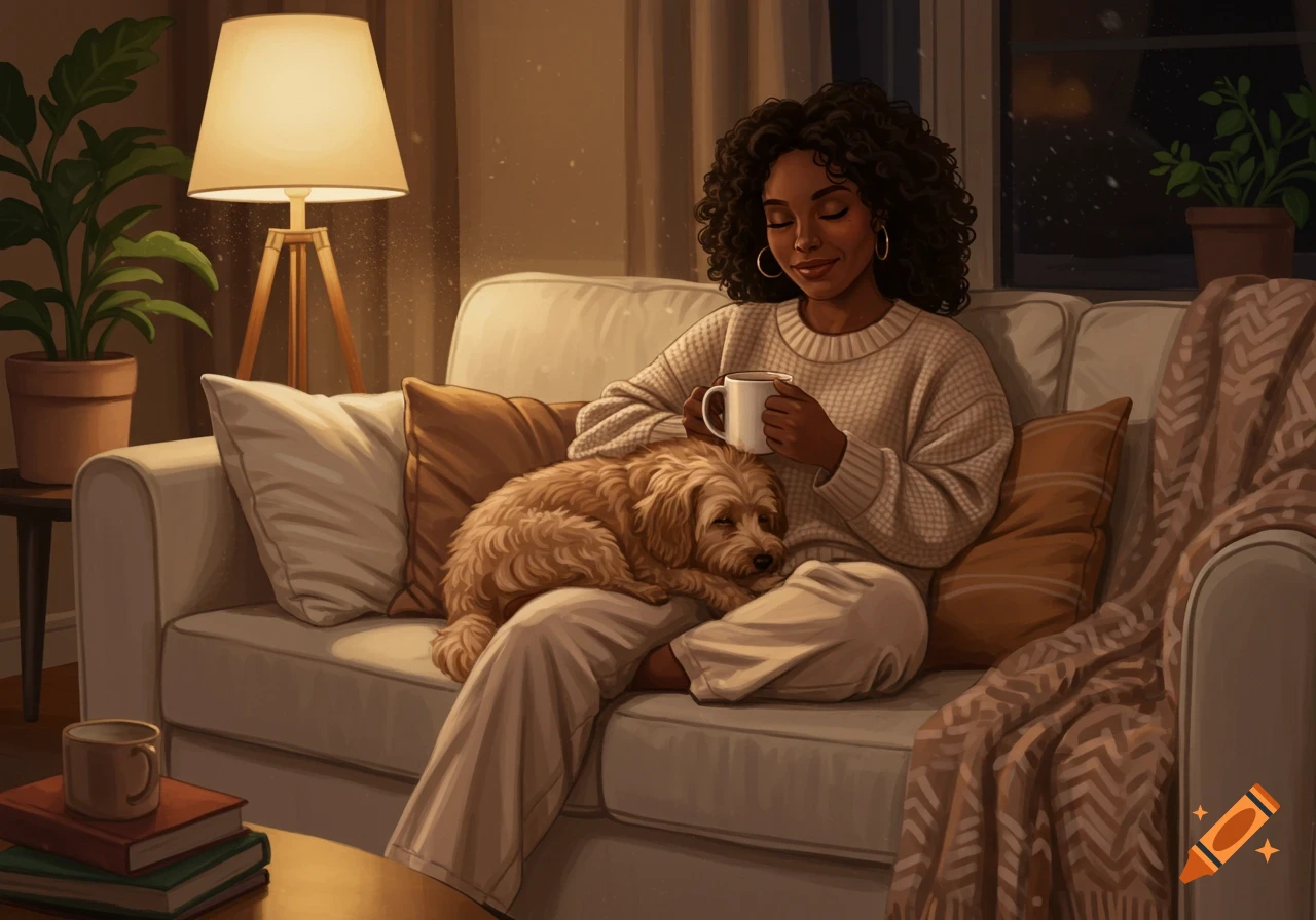 A Black woman relaxes on a couch with her dog, holding a mug in a cozy, softly lit room.