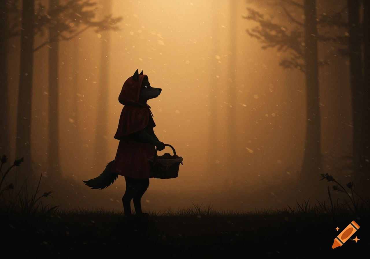 Silhouette of a wolf in a red riding hood holding a basket in a misty, illuminated forest with falling particles.