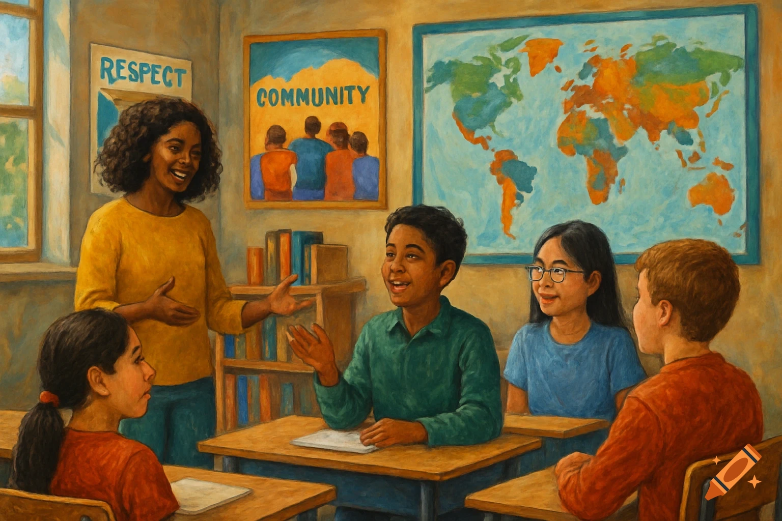 A painterly image of a diverse teacher and students in a classroom with 'RESPECT' and 'COMMUNITY' posters and a world map.