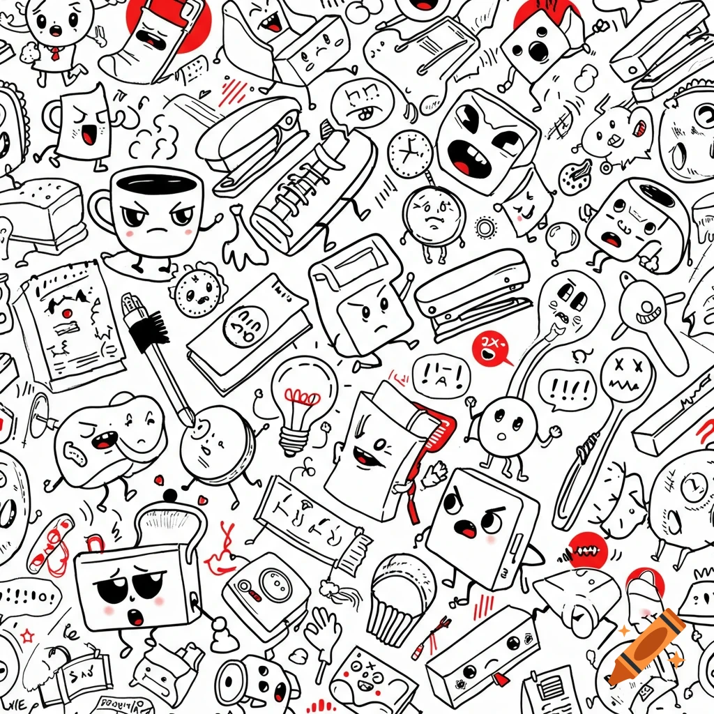 A busy, overlapping pattern of black and white anthropomorphic office supplies and miscellaneous objects with red highlights, in a simple doodle cartoon style.