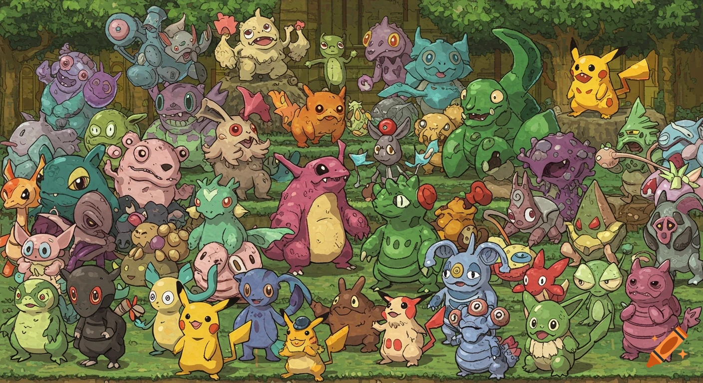 A large group of diverse, cartoonish, creature knockoffs resembling Pokemon are gathered in a forest clearing.