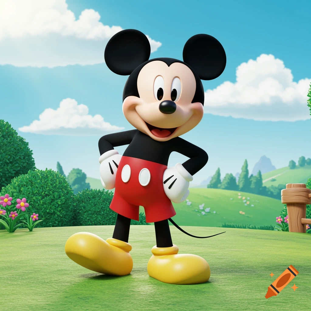 A 3D rendered Mickey Mouse stands in a vibrant green field under a blue sky, hands on his hips and smiling.