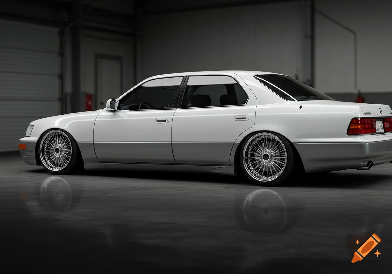 A white, lowered 1997 Lexus LS400 with chrome wire wheels is parked in a minimalist garage, captured in a photorealistic style.