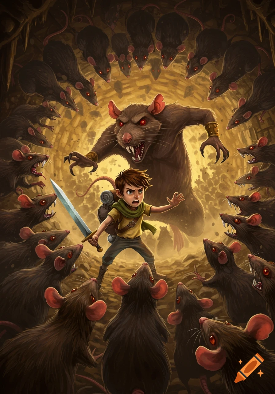 A boy with a sword faces a giant rat creature and an army of rats in a dark, stylized fantasy illustration.