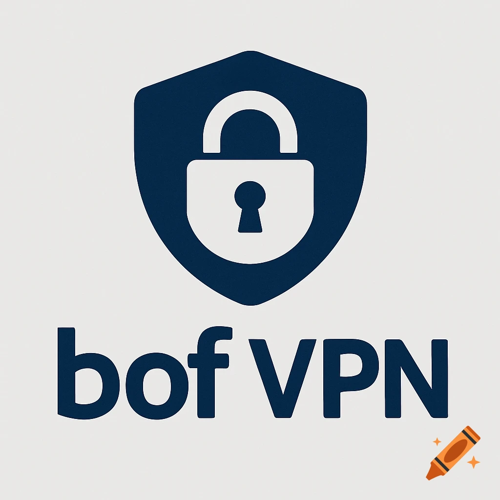 A dark blue shield with a white padlock icon above the text 'bof VPN' on a light grey background.