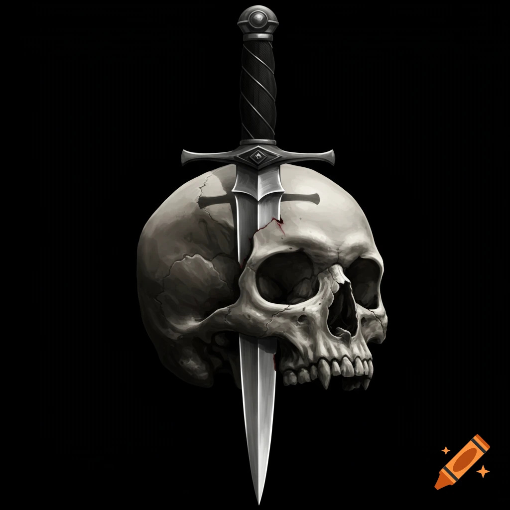 A detailed illustration of a human skull with a dagger piercing its top, set against a solid black background.