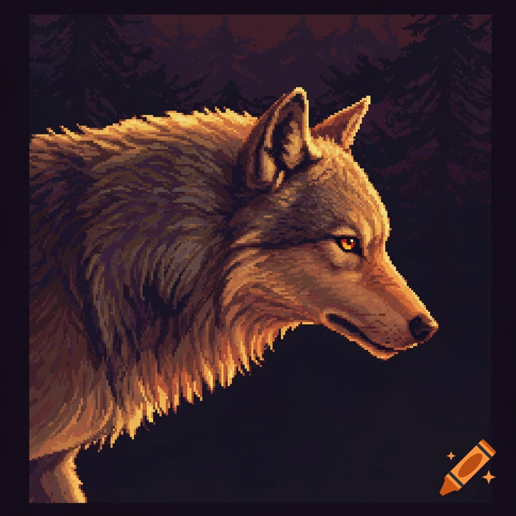 Close-up pixel art portrait of a wolf with golden fur, glowing orange eyes, against a dark forest background at night.