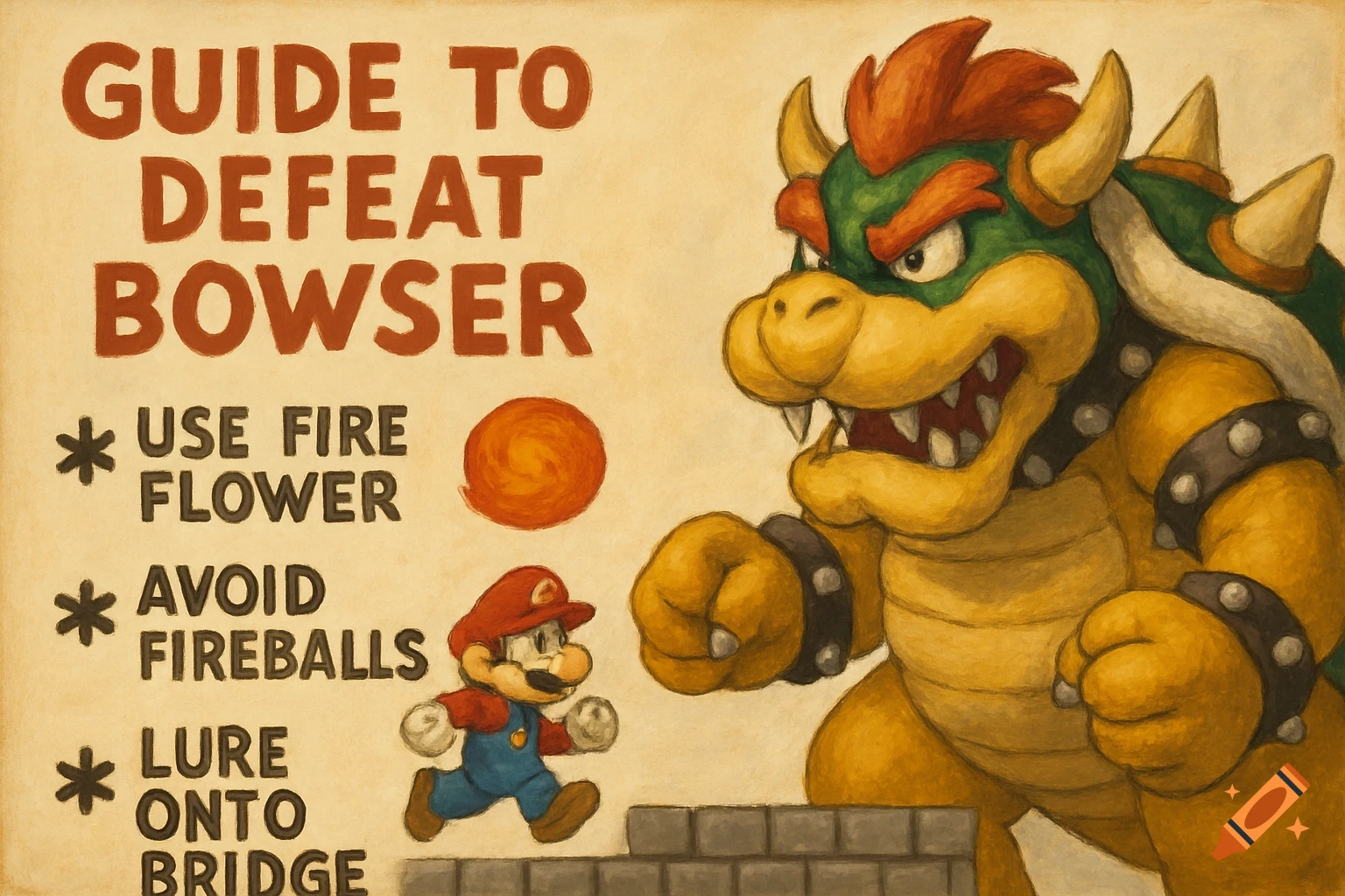 A stylized guide on a parchment-like background showing Mario and a large Bowser, with instructions on how to defeat him.