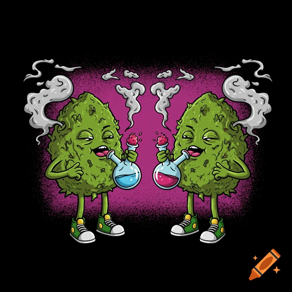 Two cartoon cannabis buds with arms and legs, smoking from bongs, with smoke rising, in a trippy illustration style.