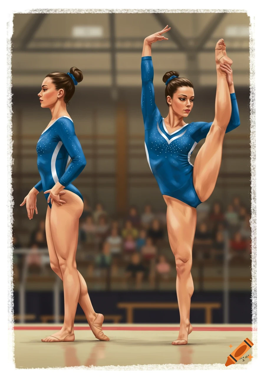 Two female gymnasts in blue leotards, one in profile, the other performing a high leg extension in a gymnasium.
