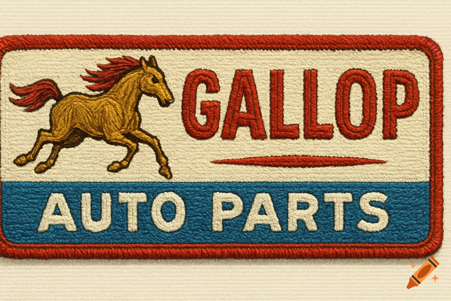 An embroidered patch in a 60s style for 'GALLOP AUTO PARTS' featuring a golden horse on a white and blue background with a red border.