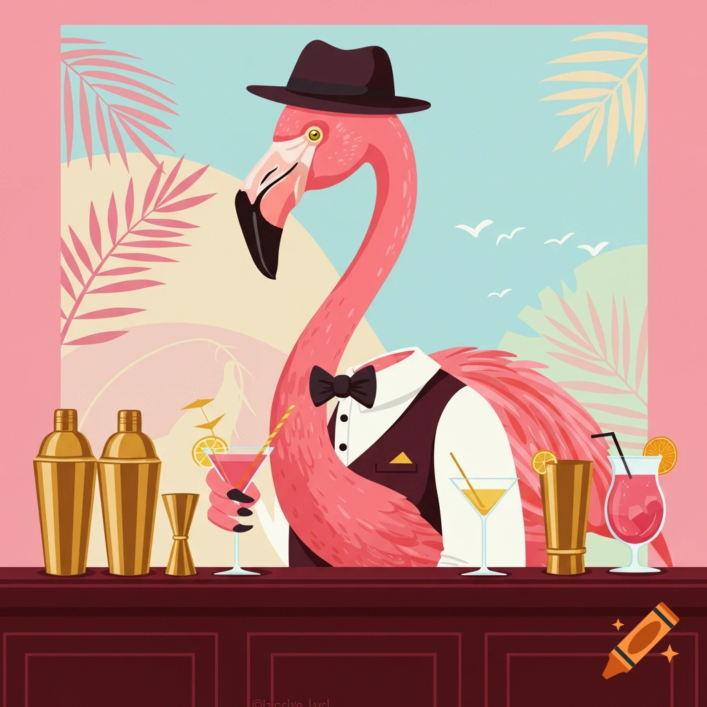 A colorful vector illustration of a flamingo wearing a hat and waistcoat, serving pink and yellow cocktails at a bar.