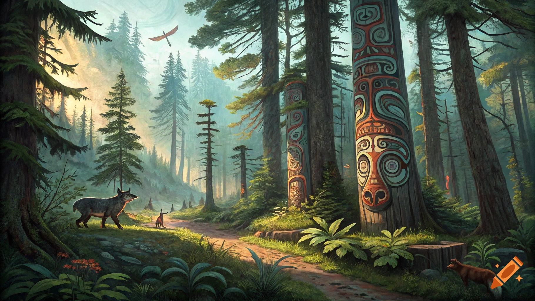 Lush forest with tall trees and colorful totem poles. A stylized wolf and small deer stand on a sunlit path, with a fox nearby.