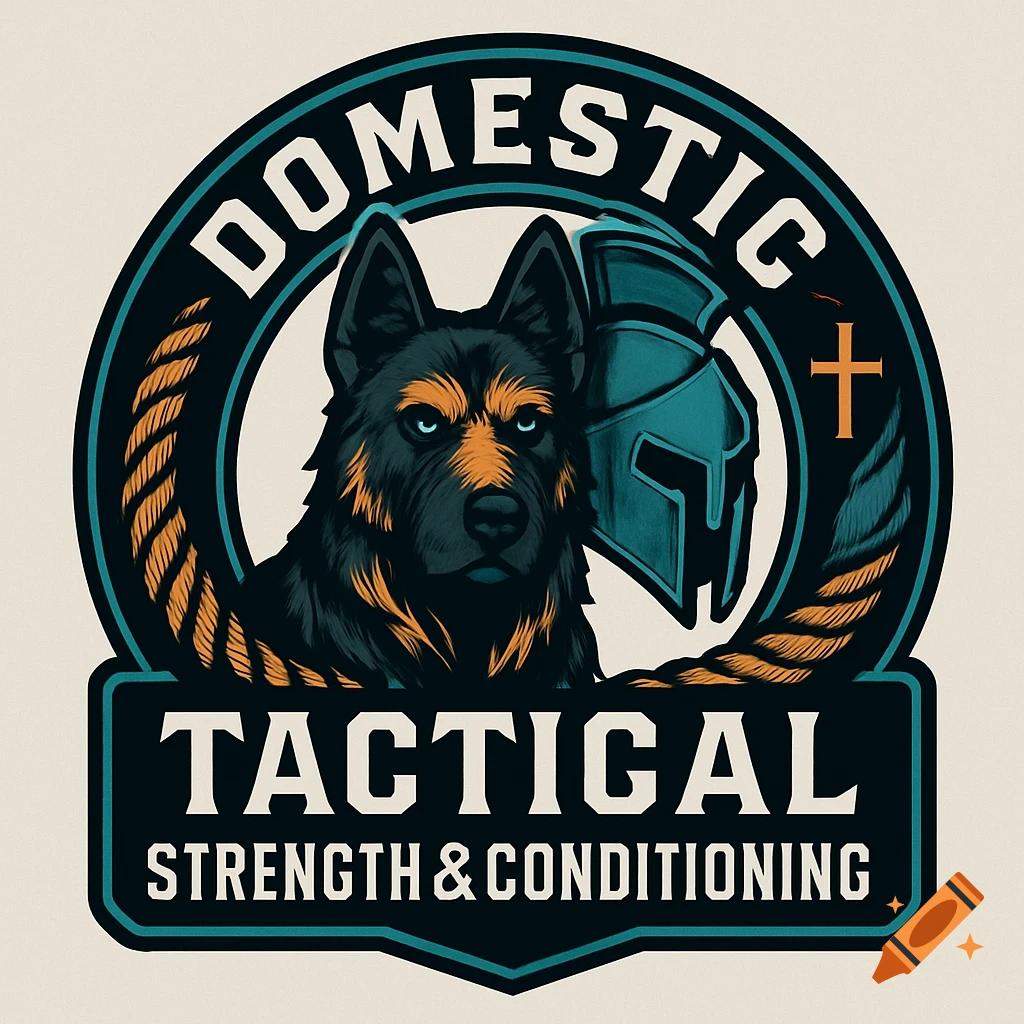 A teal, black, and amber logo featuring a fierce sheepdog, a Spartan helmet, battle ropes, and a cross, with text 'DOMESTIC TACTICAL STRENGTH & CONDITIONING'.